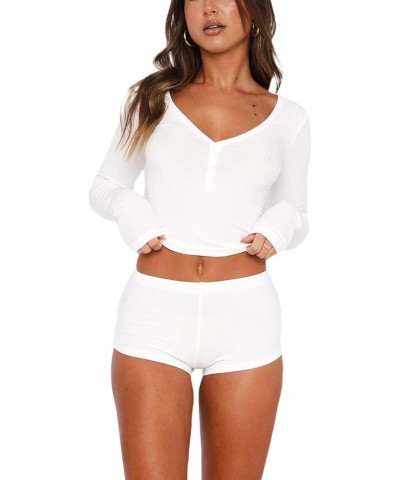 Women 2 Piece Outfits Lounge Sets Pajamas Matching Set Long Sleeve Button Shirt Crop Top Shorts Set Tracksuit White a $11.59 ...