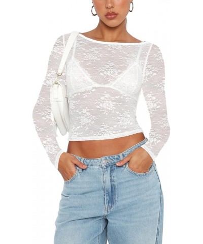 Women's Lace Mesh Tops Long Sleeve Dots Sheer Blouse Sexy Shirt High Neck See-Through Slim Fit Tee Shirts Clubwear E White $7...