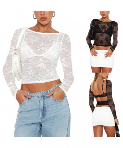 Women's Lace Mesh Tops Long Sleeve Dots Sheer Blouse Sexy Shirt High Neck See-Through Slim Fit Tee Shirts Clubwear E White $7...