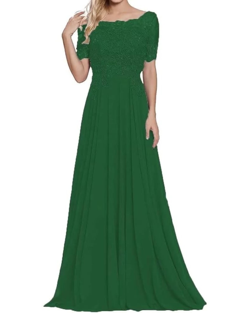 Women's Lace Appliques Mother of The Bride Dresses Short Sleeves Long Chiffon A-line Formal Evening Gowns Emerald Green $40.7...