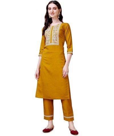 Women 3/4 Sleeve Silk Blend Round Neck A-Line Kurti with Dupatta Set Mustard $22.79 Tops