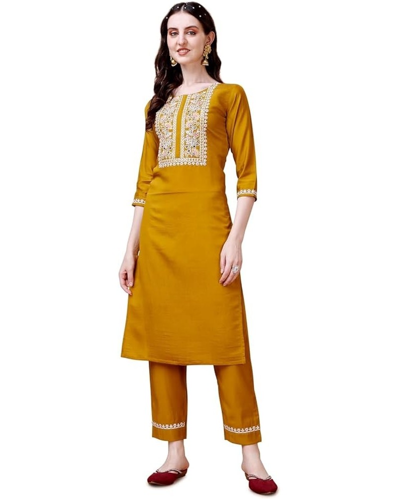 Women 3/4 Sleeve Silk Blend Round Neck A-Line Kurti with Dupatta Set Mustard $22.79 Tops