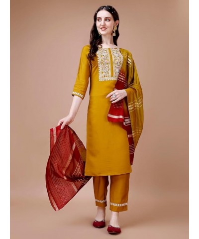 Women 3/4 Sleeve Silk Blend Round Neck A-Line Kurti with Dupatta Set Mustard $22.79 Tops