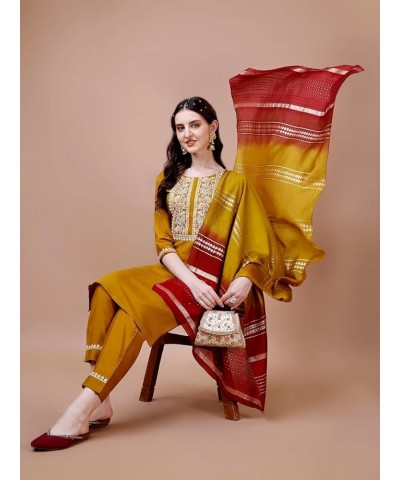 Women 3/4 Sleeve Silk Blend Round Neck A-Line Kurti with Dupatta Set Mustard $22.79 Tops