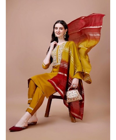 Women 3/4 Sleeve Silk Blend Round Neck A-Line Kurti with Dupatta Set Mustard $22.79 Tops