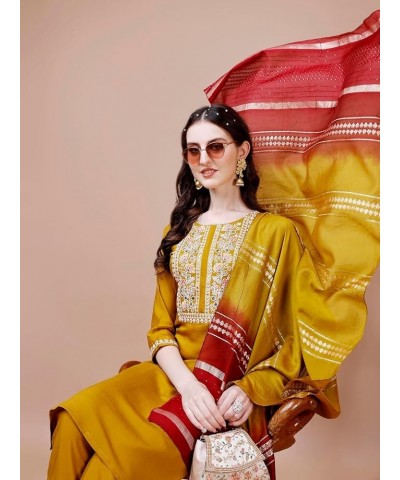 Women 3/4 Sleeve Silk Blend Round Neck A-Line Kurti with Dupatta Set Mustard $22.79 Tops