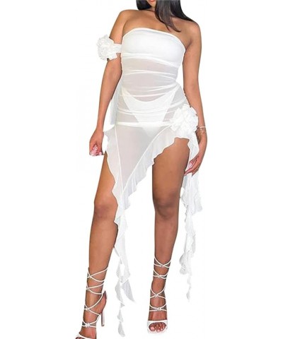 Women Summer Sexy Irregular Tassels Ruffle Dress Strapless Backless 3D Floral Mesh Tube Dress Club Party Long Dress F-white $...