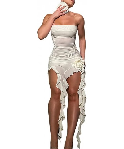 Women Summer Sexy Irregular Tassels Ruffle Dress Strapless Backless 3D Floral Mesh Tube Dress Club Party Long Dress F-white $...