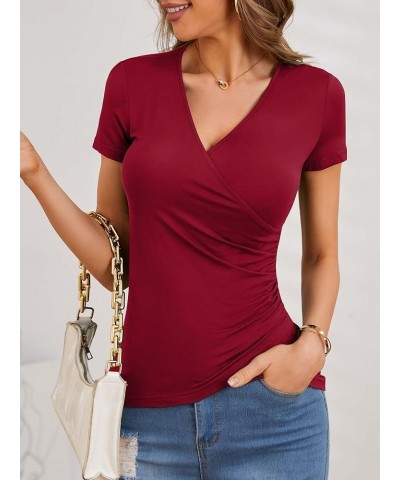 Women's Deep V Neck Short Sleeve Unique Cross Wrap Sexy Slim Fit Tops B: Wine $13.24 T-Shirts