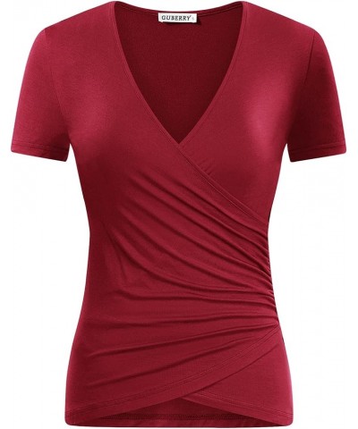 Women's Deep V Neck Short Sleeve Unique Cross Wrap Sexy Slim Fit Tops B: Wine $13.24 T-Shirts