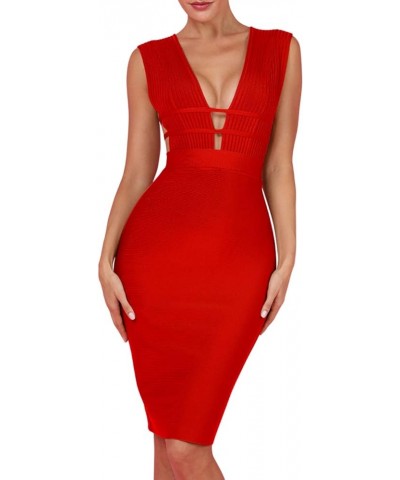 Women's Sleeveless Deep Plunge V Neck Night Club Party Bandage Dress with Waist Straps Red $35.18 Dresses