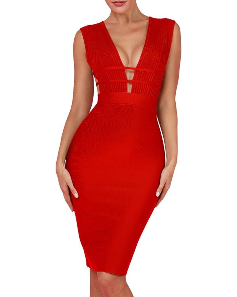 Women's Sleeveless Deep Plunge V Neck Night Club Party Bandage Dress with Waist Straps Red $35.18 Dresses