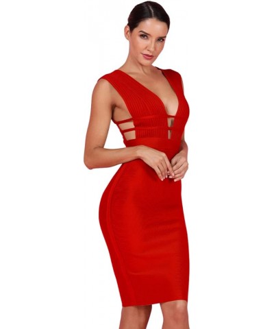 Women's Sleeveless Deep Plunge V Neck Night Club Party Bandage Dress with Waist Straps Red $35.18 Dresses