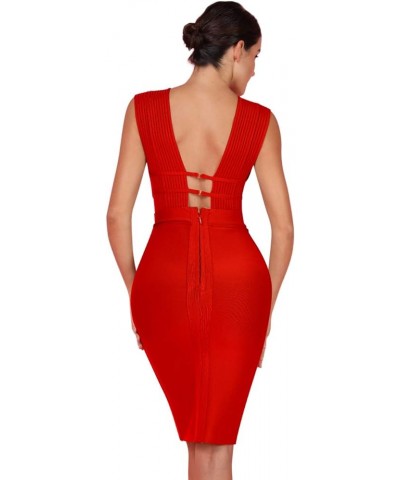 Women's Sleeveless Deep Plunge V Neck Night Club Party Bandage Dress with Waist Straps Red $35.18 Dresses