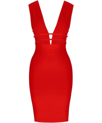 Women's Sleeveless Deep Plunge V Neck Night Club Party Bandage Dress with Waist Straps Red $35.18 Dresses