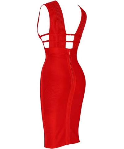 Women's Sleeveless Deep Plunge V Neck Night Club Party Bandage Dress with Waist Straps Red $35.18 Dresses