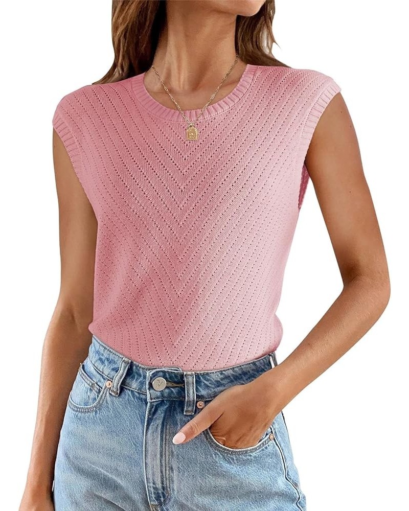 Womens Summer Sleeveless Sweater Vest Lightweight Crewneck Knit Pullover Sweaters Tank Tops B Pink $16.49 Sweaters