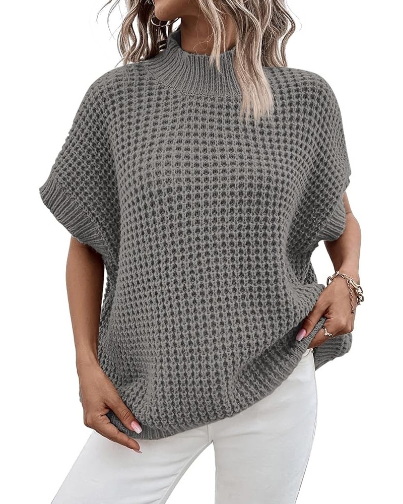 Women's Mock Neck Batwing Short Sleeve Loose Oversized Knit Pullover Sweater Jumper Tops Gray $18.54 Sweaters