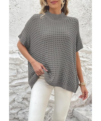 Women's Mock Neck Batwing Short Sleeve Loose Oversized Knit Pullover Sweater Jumper Tops Gray $18.54 Sweaters