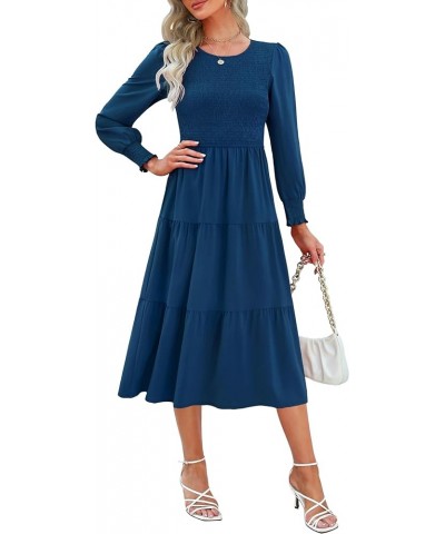 Women 2024 Long Sleeve Spring Dress Smocked Bodice and Cuffs Swiss Dot Crewneck Tiered Modest Casual Work Midi Dress Solid De...