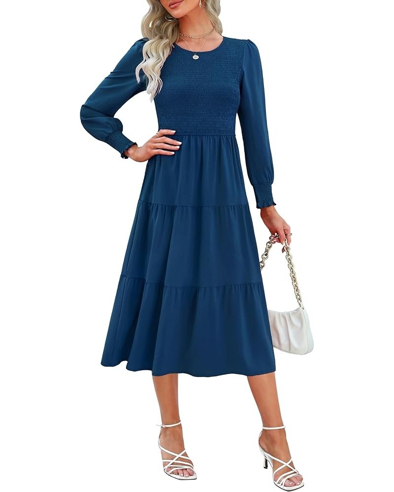 Women 2024 Long Sleeve Spring Dress Smocked Bodice and Cuffs Swiss Dot Crewneck Tiered Modest Casual Work Midi Dress Solid De...