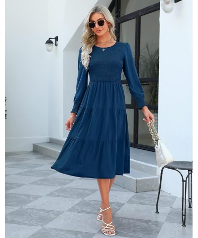 Women 2024 Long Sleeve Spring Dress Smocked Bodice and Cuffs Swiss Dot Crewneck Tiered Modest Casual Work Midi Dress Solid De...