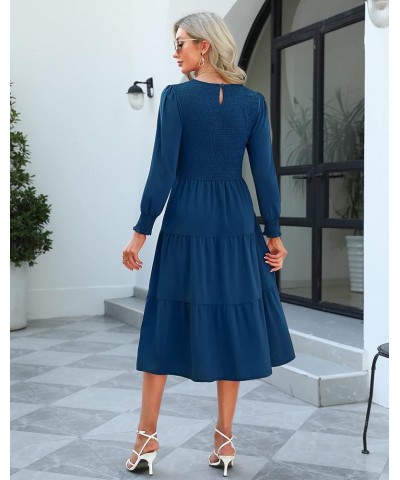 Women 2024 Long Sleeve Spring Dress Smocked Bodice and Cuffs Swiss Dot Crewneck Tiered Modest Casual Work Midi Dress Solid De...