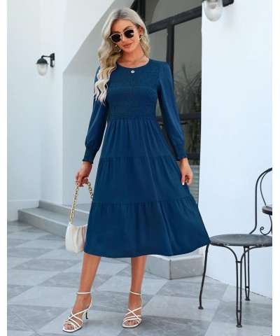 Women 2024 Long Sleeve Spring Dress Smocked Bodice and Cuffs Swiss Dot Crewneck Tiered Modest Casual Work Midi Dress Solid De...