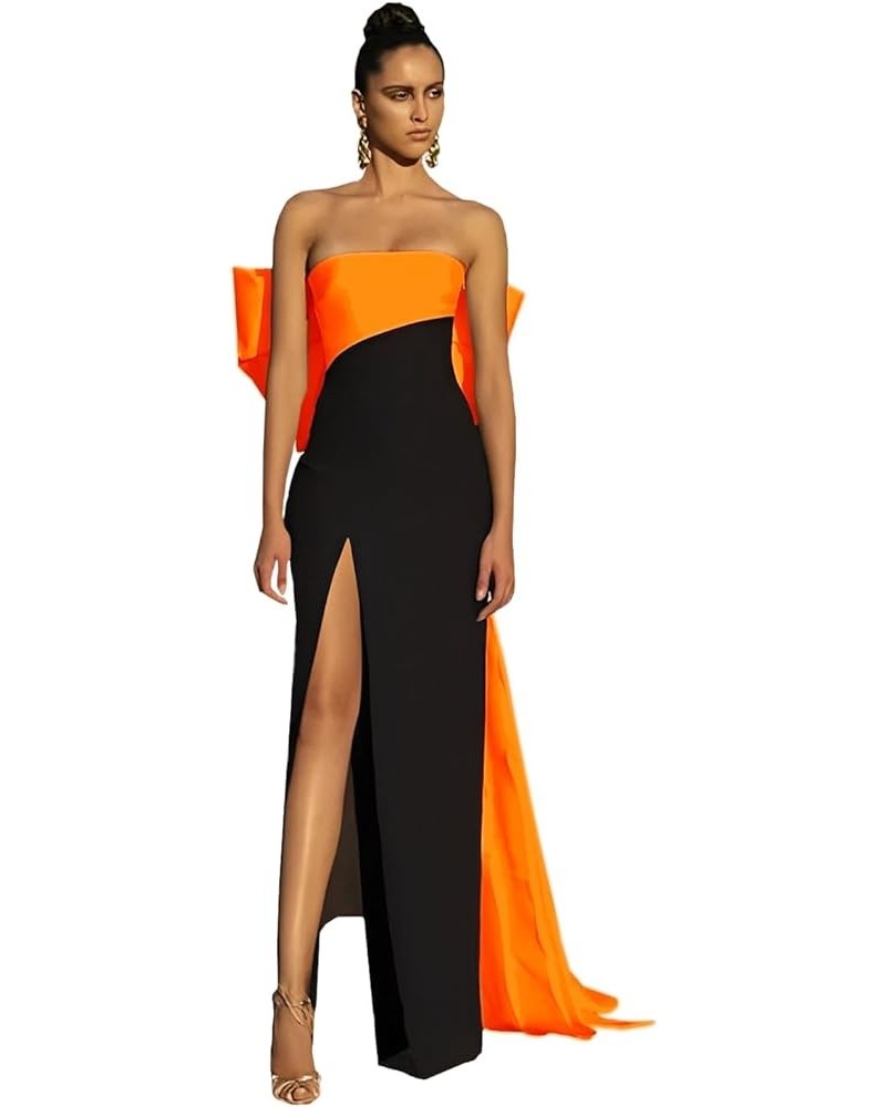 Satin Tube Top Prom Dress for Women Long Pleated Formal Evening Party Gown with Bow Orange $40.80 Dresses