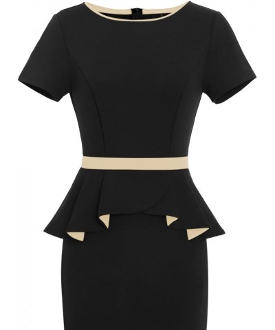 Womens Crew Neck Peplum Colorblock Work Business Office Bodycon Pencil Dress Black and Beige $19.35 Dresses