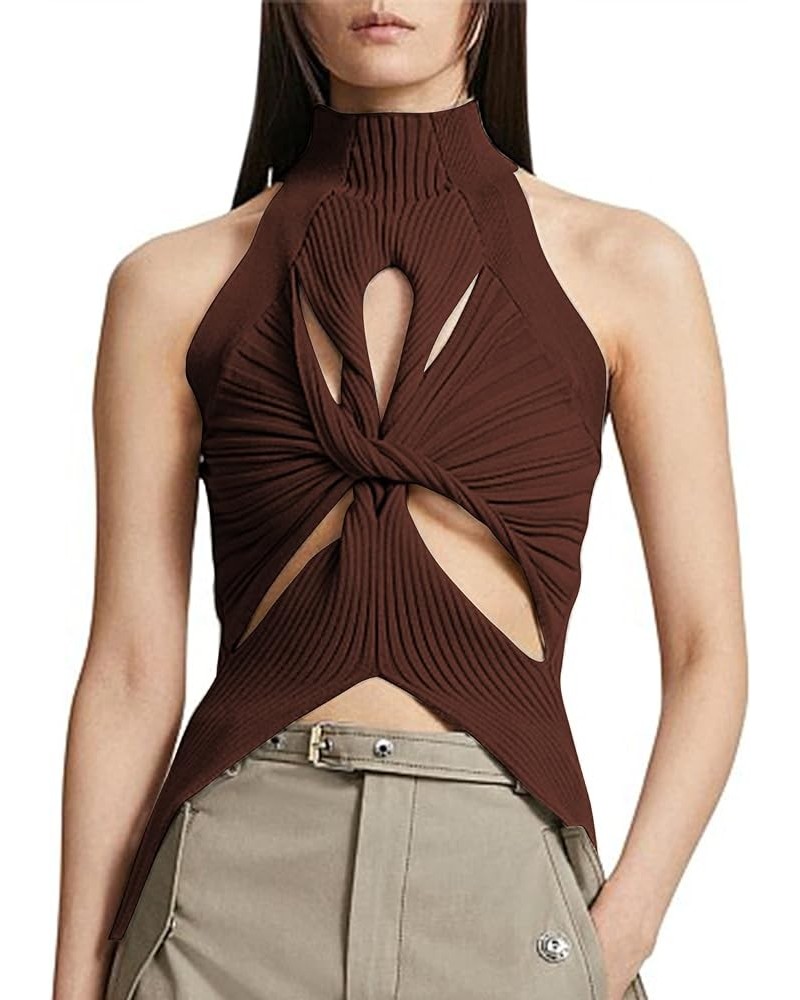 Women Sexy Hollow Out Twist Front Knitted Tank Tops Sleeveless High Neck Cut Out Sweater Vest Brown $13.20 Sweaters