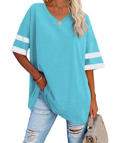 Women's Striped Oversized T Shirts V Neck Tees Half Sleeve Comfy Cozy Cotton Tunic Tops with Pockets 02-sky Blue $12.99 Tops