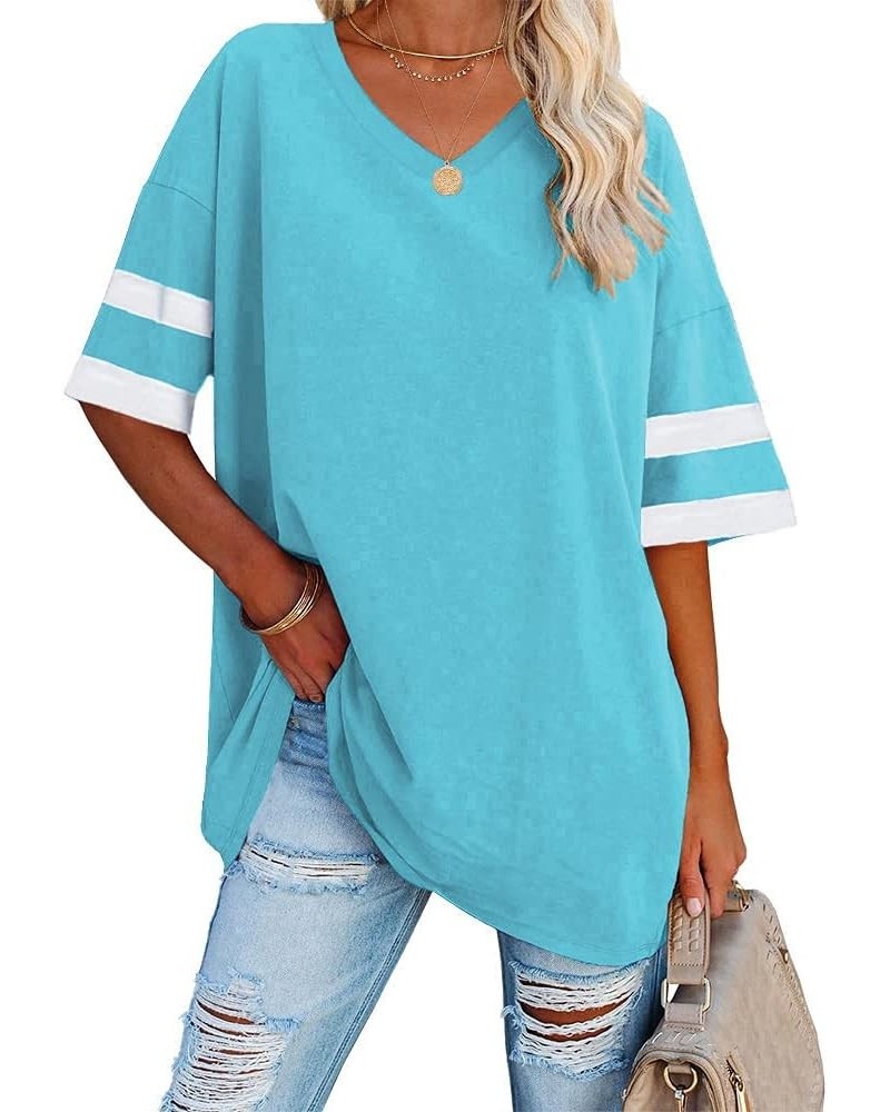 Women's Striped Oversized T Shirts V Neck Tees Half Sleeve Comfy Cozy Cotton Tunic Tops with Pockets 02-sky Blue $12.99 Tops