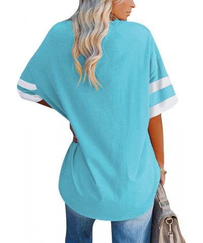 Women's Striped Oversized T Shirts V Neck Tees Half Sleeve Comfy Cozy Cotton Tunic Tops with Pockets 02-sky Blue $12.99 Tops