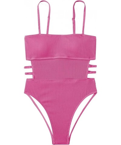 Women's One Piece Swimsuit Ribbed One Piece Swimwear Cutout Tummy Control Bathing Suit Deep Pink $17.22 Swimsuits