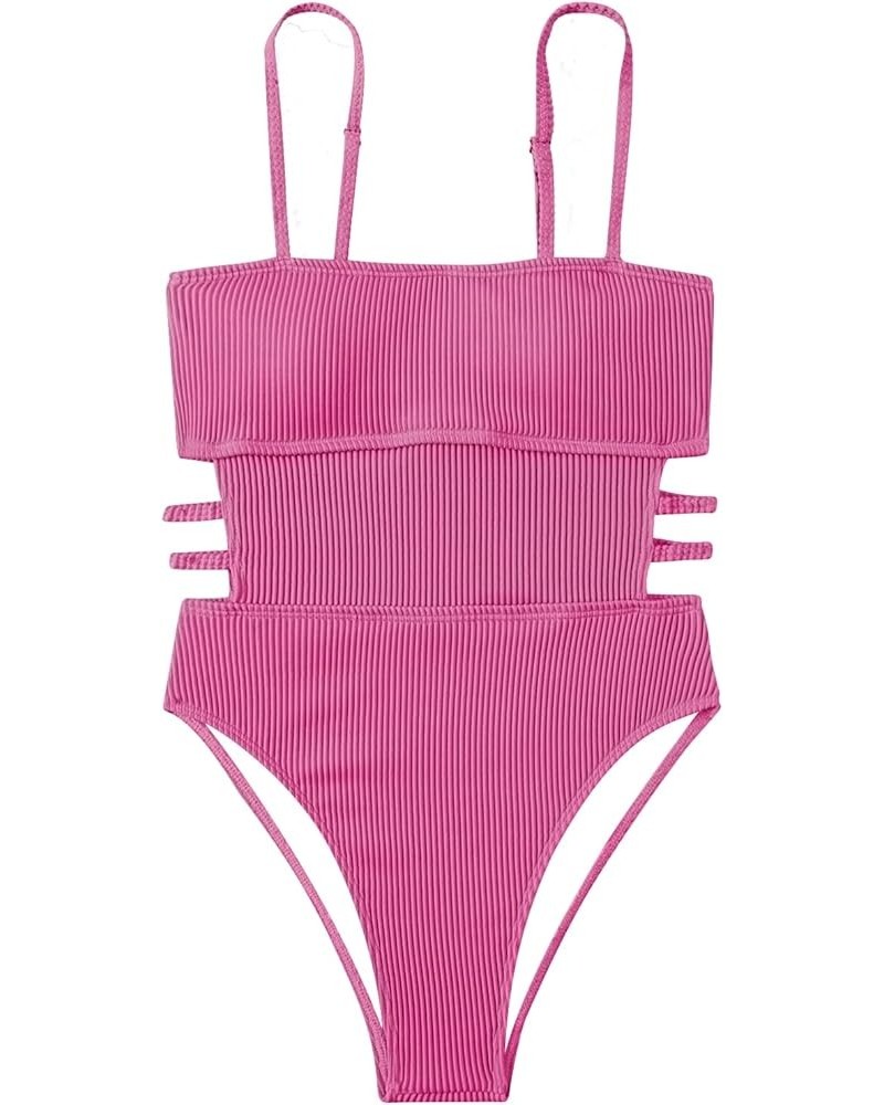 Women's One Piece Swimsuit Ribbed One Piece Swimwear Cutout Tummy Control Bathing Suit Deep Pink $17.22 Swimsuits