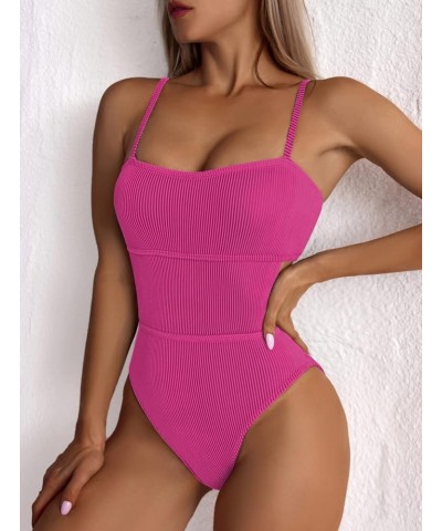 Women's One Piece Swimsuit Ribbed One Piece Swimwear Cutout Tummy Control Bathing Suit Deep Pink $17.22 Swimsuits