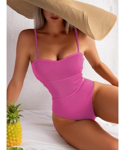 Women's One Piece Swimsuit Ribbed One Piece Swimwear Cutout Tummy Control Bathing Suit Deep Pink $17.22 Swimsuits