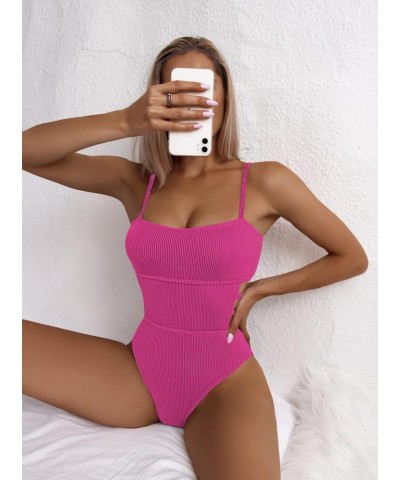 Women's One Piece Swimsuit Ribbed One Piece Swimwear Cutout Tummy Control Bathing Suit Deep Pink $17.22 Swimsuits