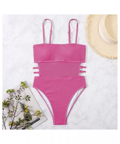 Women's One Piece Swimsuit Ribbed One Piece Swimwear Cutout Tummy Control Bathing Suit Deep Pink $17.22 Swimsuits