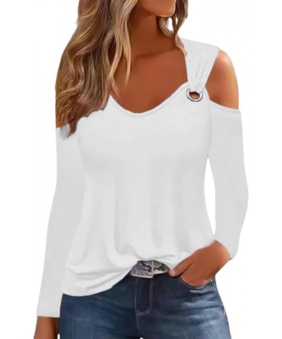 Women's Long Sleeve Cold Shoulder Tops Dressy Casual Hollow Out Shirts V Neck Tunic Tops for Fall Winter Solidwhite Long Slee...