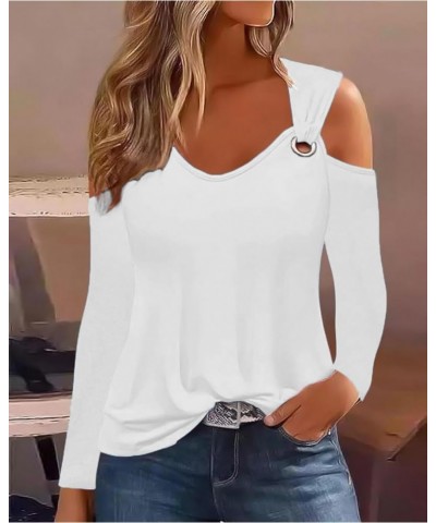 Women's Long Sleeve Cold Shoulder Tops Dressy Casual Hollow Out Shirts V Neck Tunic Tops for Fall Winter Solidwhite Long Slee...