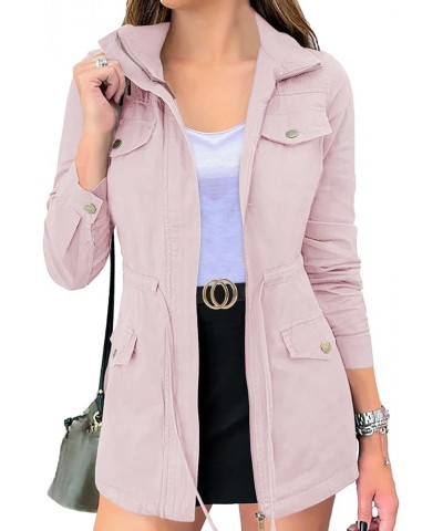 Women's Long Sleeve Military Jacket Zip Up Utility Drawstring Waist Anorak Coat with Pockets Pink $28.04 Jackets