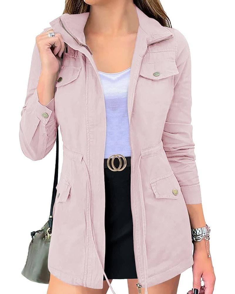 Women's Long Sleeve Military Jacket Zip Up Utility Drawstring Waist Anorak Coat with Pockets Pink $28.04 Jackets