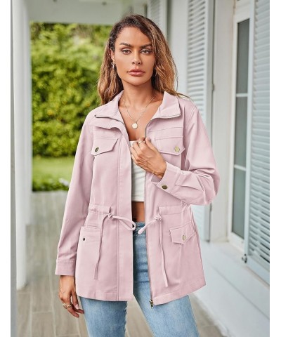 Women's Long Sleeve Military Jacket Zip Up Utility Drawstring Waist Anorak Coat with Pockets Pink $28.04 Jackets