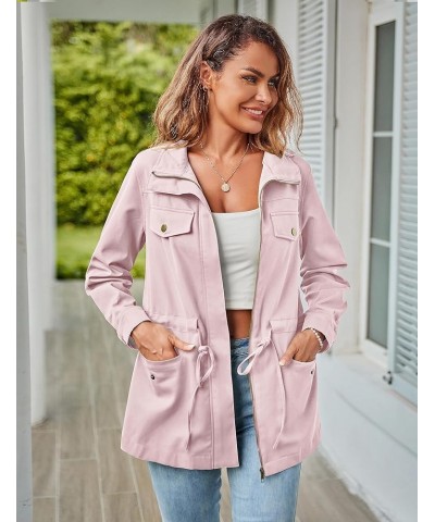 Women's Long Sleeve Military Jacket Zip Up Utility Drawstring Waist Anorak Coat with Pockets Pink $28.04 Jackets