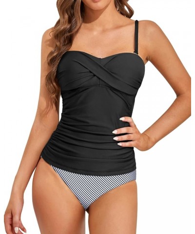 Strapless Tankini Swimsuits for Women Tummy Control Bathing Suits Twist Bandeau Tankini Top with Bikini Bottoms Black Striped...