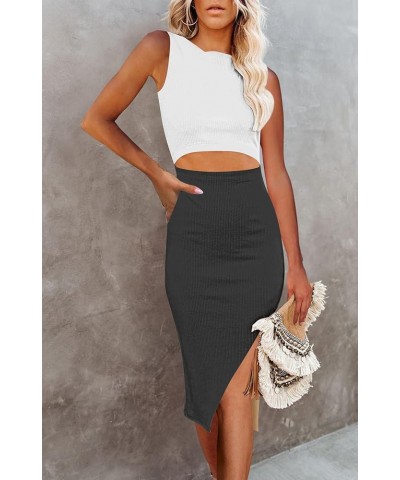 Womens Summer Bodycon Dresses Crew Neck Cutout Midi Dress Casual Slit Sleeveless Ribbed Knit Pencil Dress White & Black $16.8...