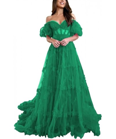 Off Shoulder Prom Dresse Long Ball Gown with Puffy Sleeves for Teens Girls Tulle Ruched Fromal Evening Gowns Emerald Green $3...