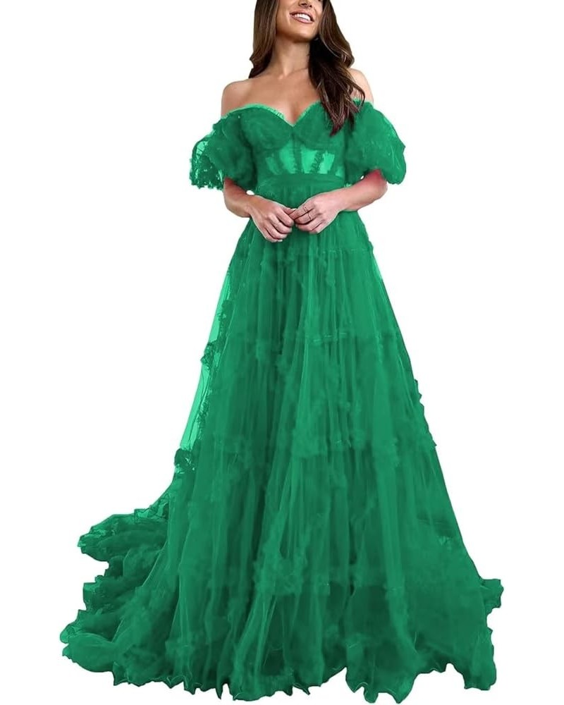 Off Shoulder Prom Dresse Long Ball Gown with Puffy Sleeves for Teens Girls Tulle Ruched Fromal Evening Gowns Emerald Green $3...